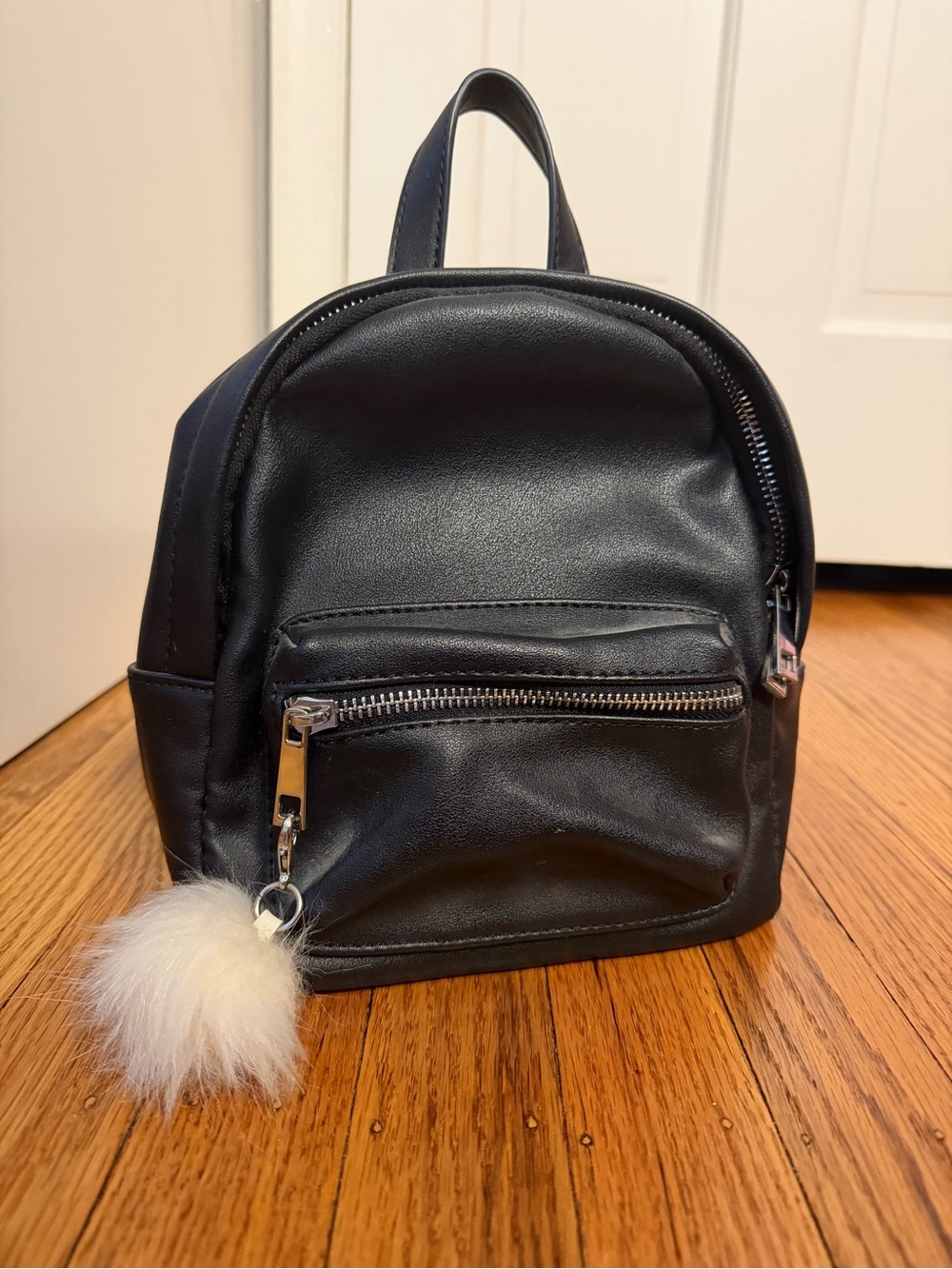 bp Black Mini Backpack with White Pom Charm